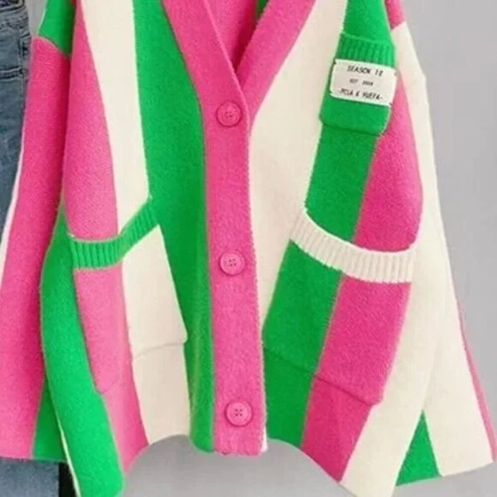 Watermelon Boxy Color Block Colourful Cardigan Sweater OS One Size Fits All - Picture 4 of 5